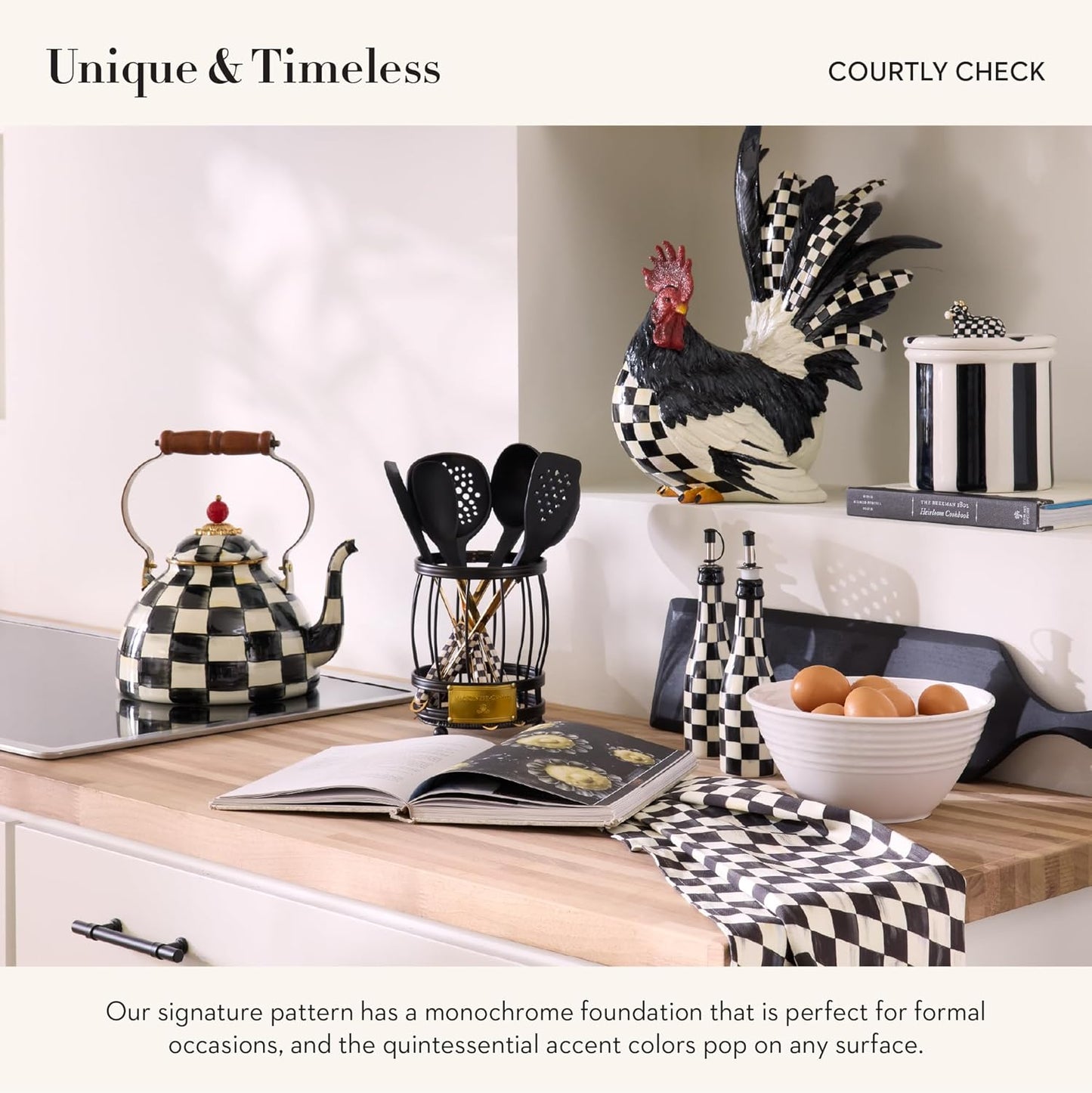 MACKENZIE-CHILDS Kitchen Pasta Spoon, Silicone Spaghetti Spoon, Black-and-White Courtly Check