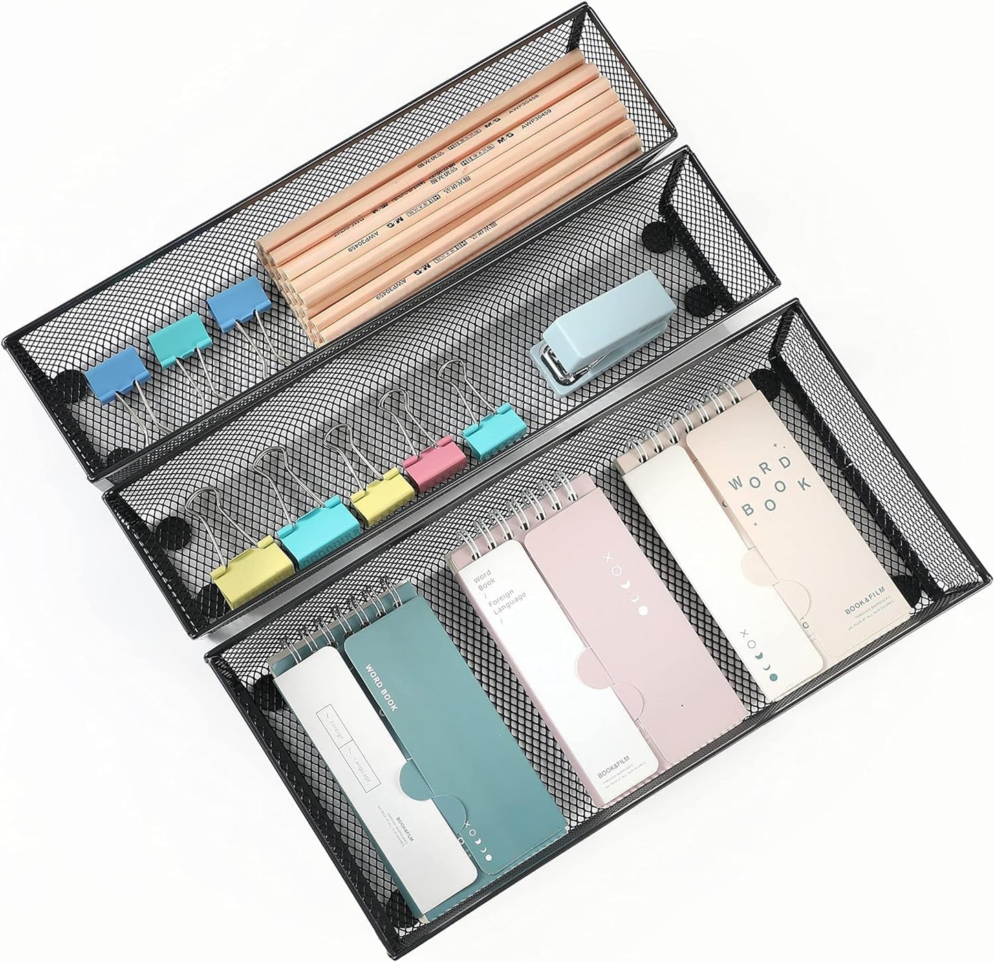 BYCY Silverware Drawer Organizer, Mesh Utensil Organizer for Kitchen Storage, Black Steel Metal Mesh Tray for Flatware Fork Spoon Knife… (12 * 3-5P-Black)