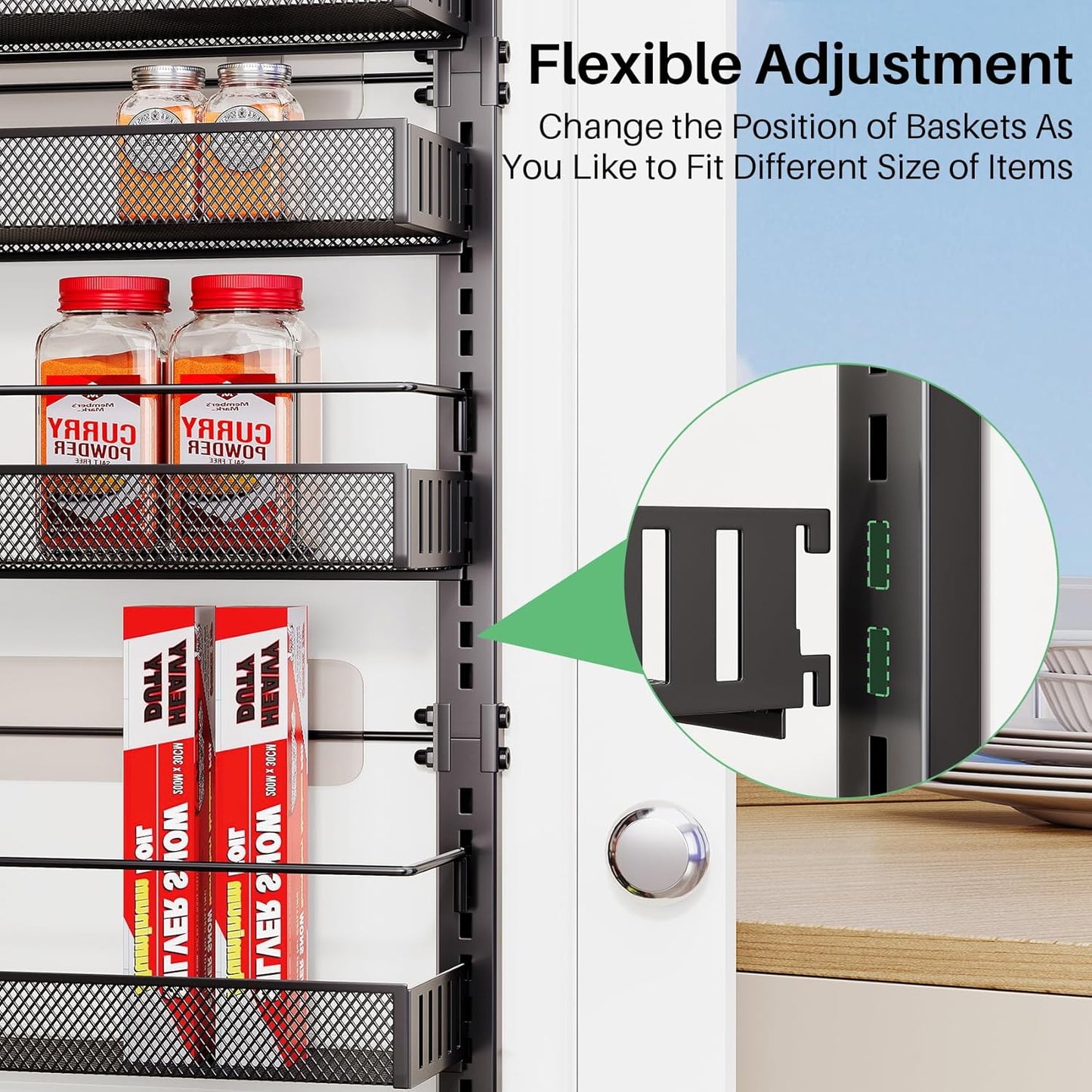 Over the Door Pantry Organizer - 8 Tier Adjustable Hanging Door Spice Rack, Large Capacity for Kitchen Pantry Storage (Black)