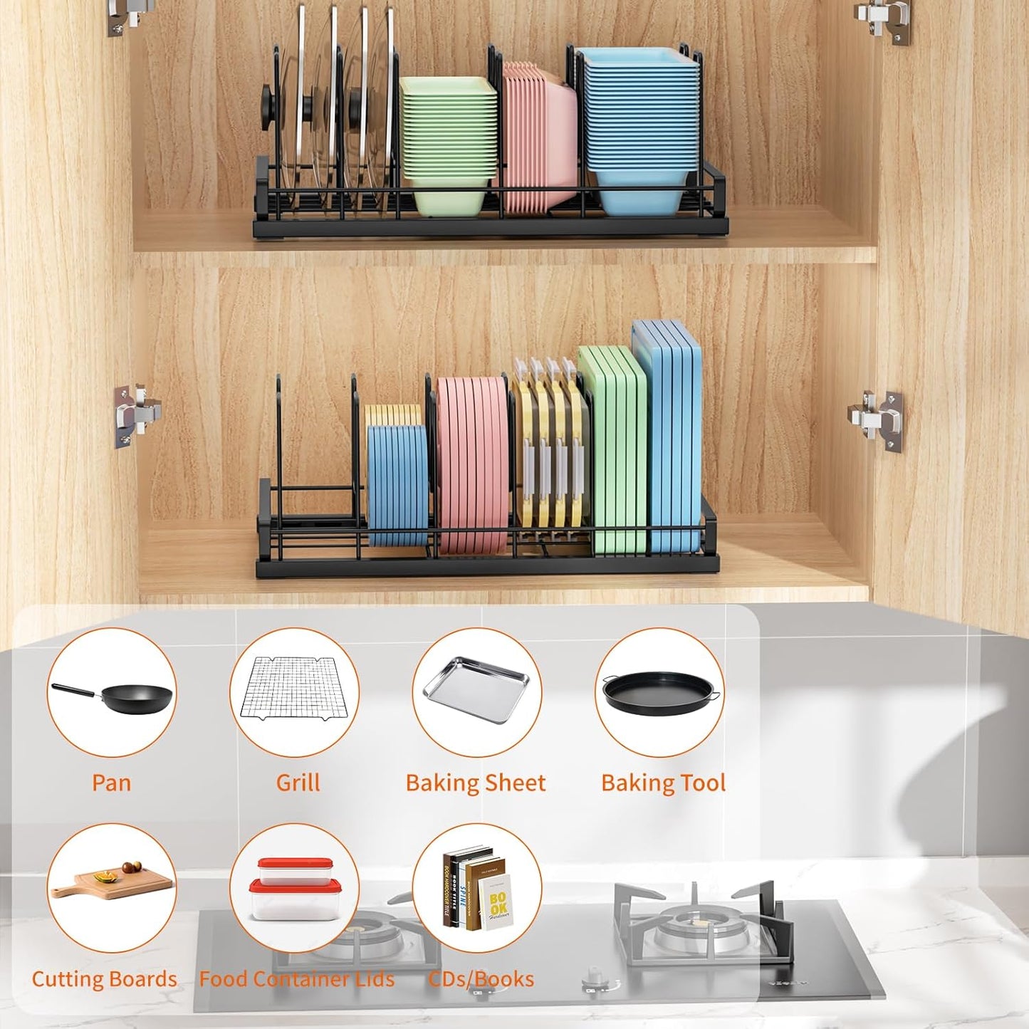 Food Container Lid Organizer for Cabinet, 6 Adjustable Dividers Metal Pot Lid Organizer, Pots and Pans Organizer Under Cabinet Storage Plastic Lids Pots Cookie Sheets for Cabinets, Cupboards, Drawers