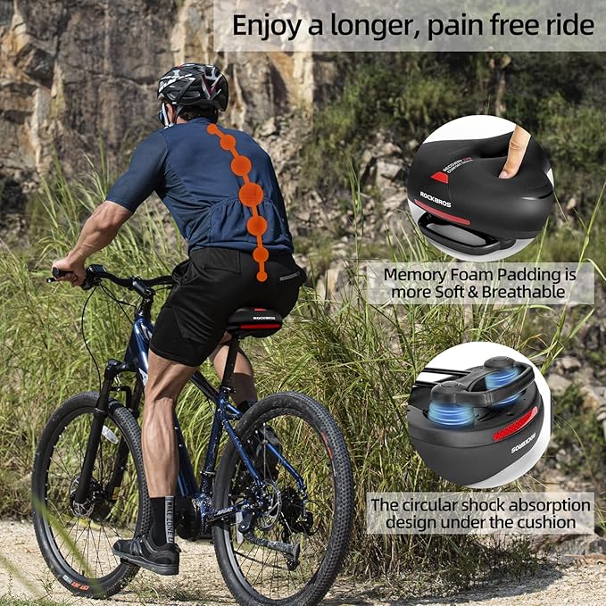 ROCKBROS Bike Seat Cushion for Men Women with Handle & Dual Shock Absorbing Ball Memory Foam - 3 Zone Concept Bike Saddle, Soft Wide Waterproof Mountain Bicycle Accessories