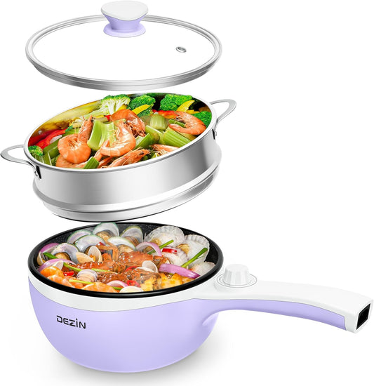 Dezin Hot Pot Electric with Steamer Upgraded, Non-Stick Sauté Pan, Rapid Noodles Electric Pot, 1.5L Mini Pot for Steak, Egg, Fried Rice, Ramen, Oatmeal, Soup with Power Adjustment