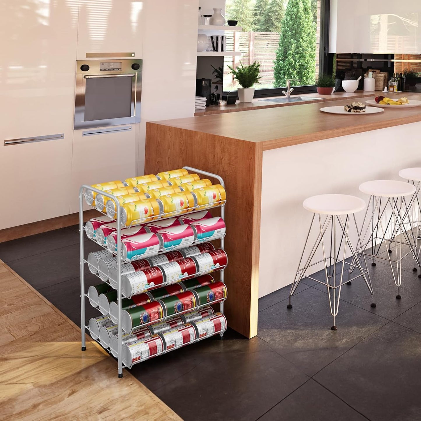 Vrisa Can Organizer for Pantry 5 Tier Canned Food Organizer Can Storage Rack Holds Up to 60 Cans Rolling Soda Soup Vegetable Can Goods Dispenser Shelf for Kitchen Pantry Cabinet, Silver