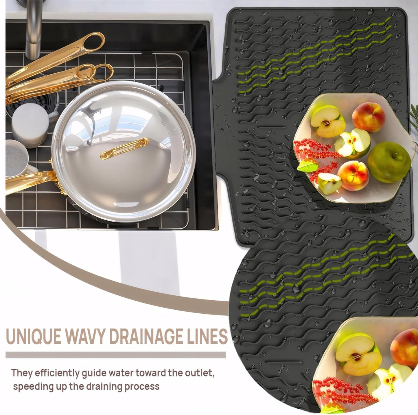 Dish Drying Mat with Drain, Silicone Mat for Kitchen Counter, Non-Slip Drainer Mat for Kitchen Sink, Countertop Dish Drying Rack, Heat Resistant Kitchen Accesories(Black, 15.6"x13")