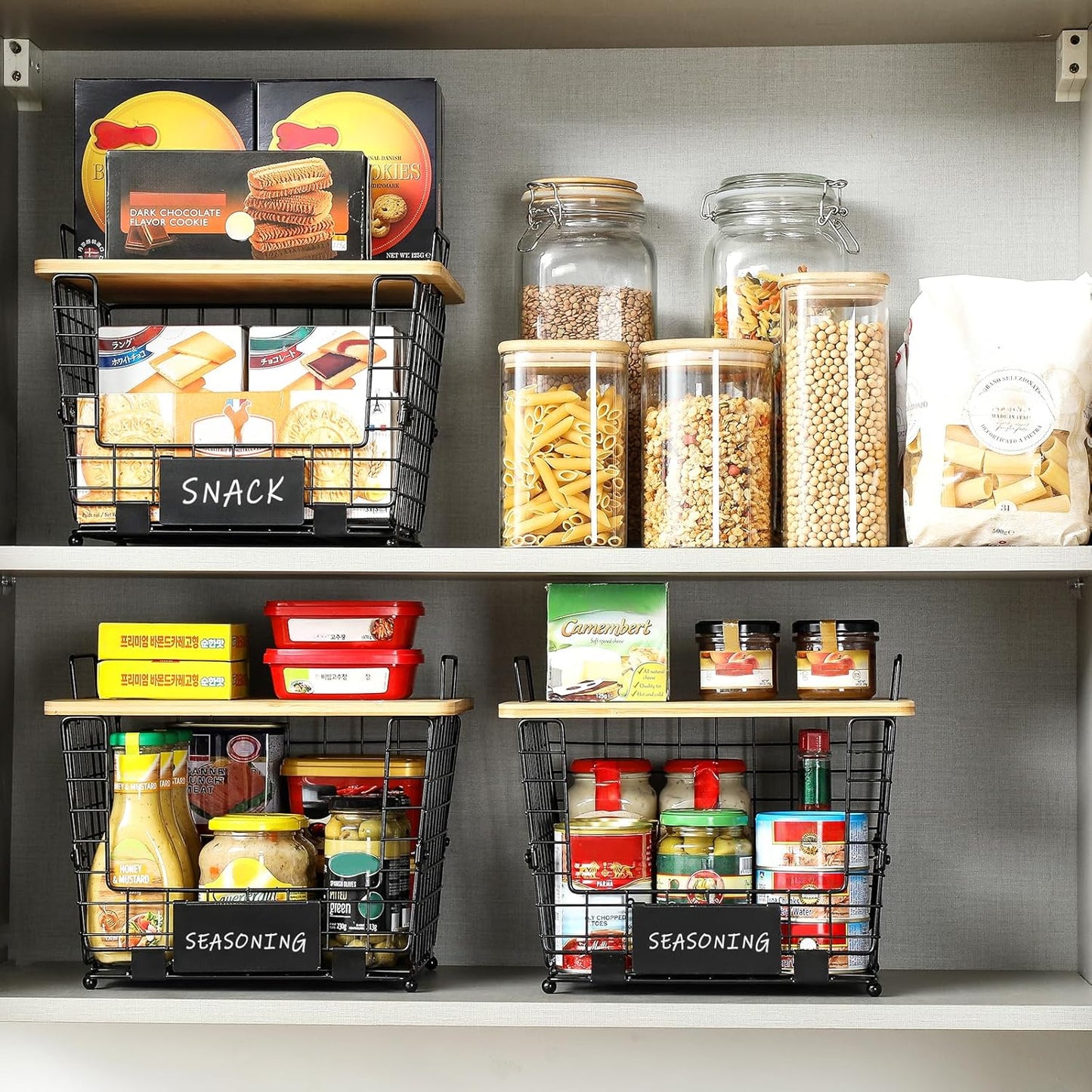 2 Set Large Stackable Wire Basket with Bamboo Tops & Tag- Pantry Organizer and Storage Bins, Kitchen Counter Cabinet Shelf Countertop Under Sink Organizing for Food Snack Produce Onion Potato Bread