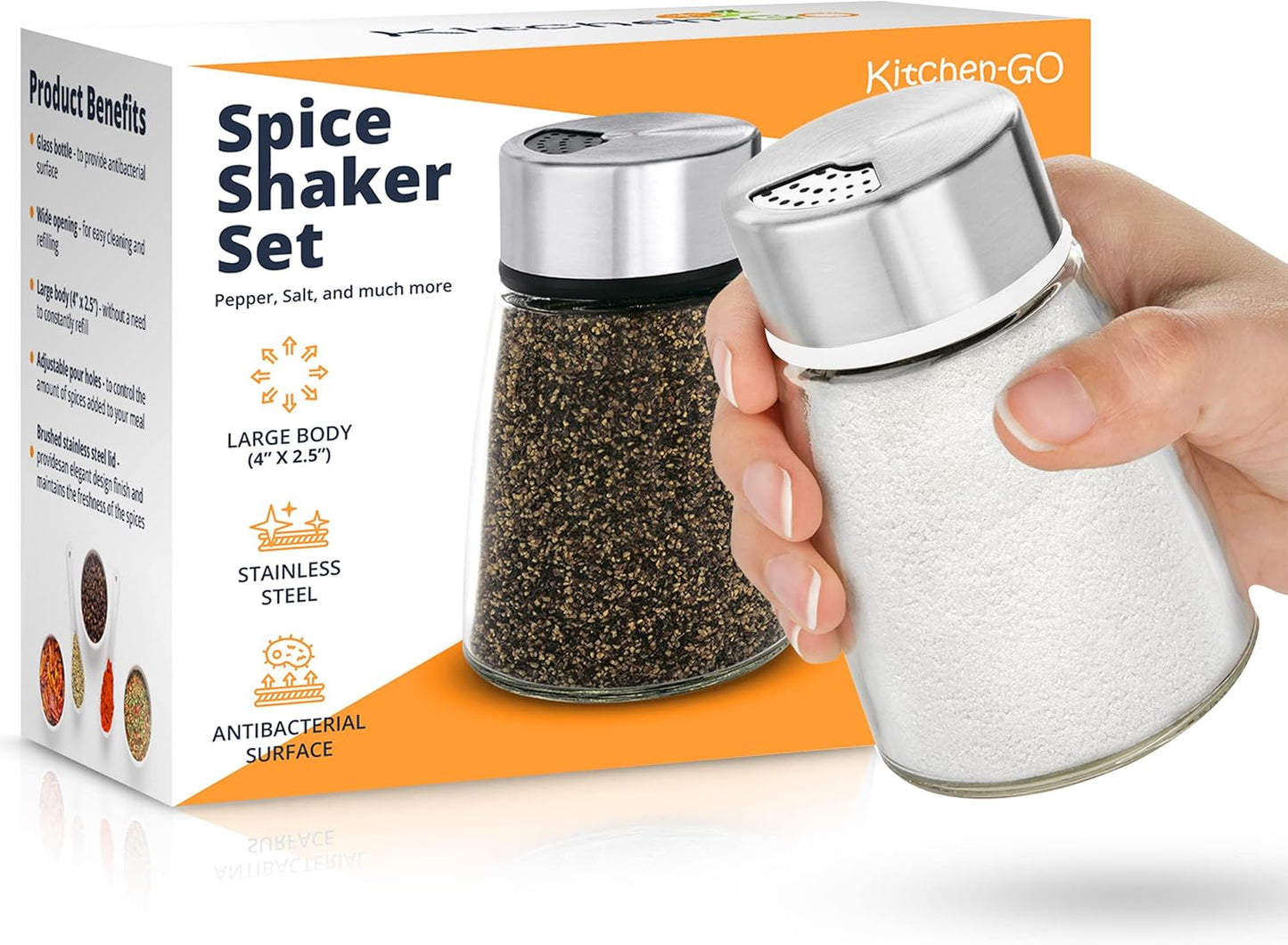 Salt and Pepper Shakers Set with Adjustable Pour Holes - Stainless Steel Spice Dispenser - Perfect for Pink Himalayan, Table Salt, Black and White Pepper