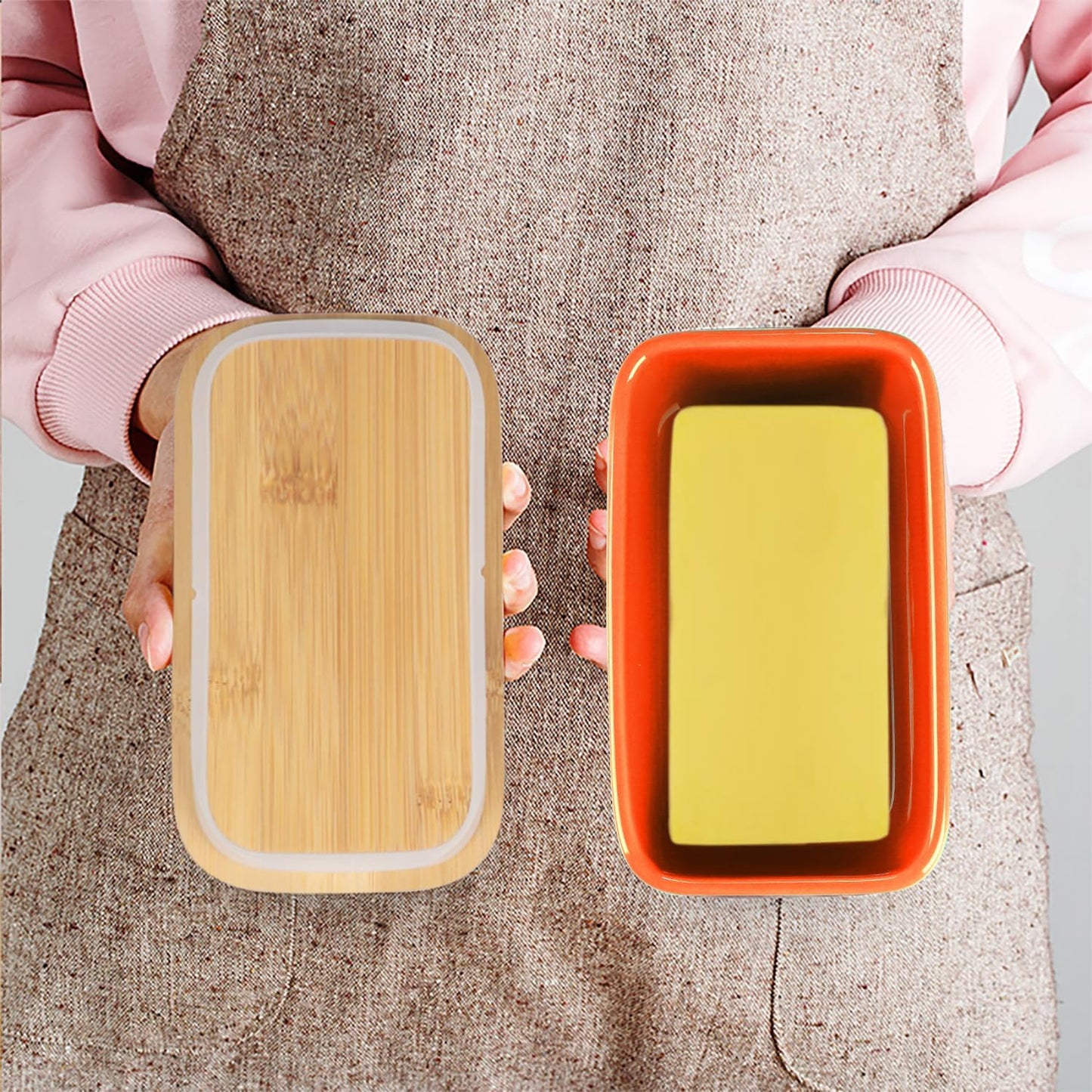 Ceramic Butter Dish with Wooden Lid, Large Butters Container Keeper Storage with Stainless Steel Knife Spreader, Bamboo Cover and Silicone Sealing Ring for West East Coast, Orange