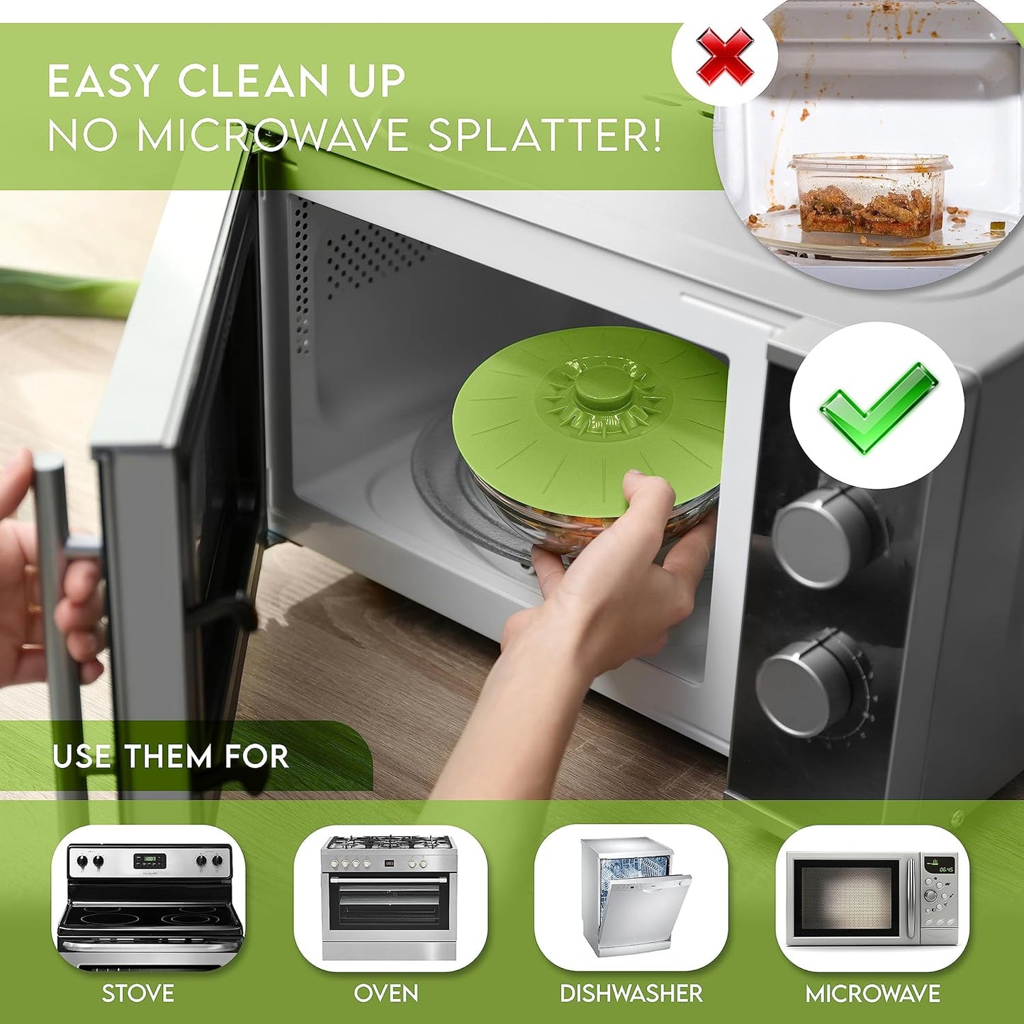 Silicone Bowl Lids Green Set of 5 Reusable Suction Seal Covers for Bowls, Pots, Cups. Food Safe. Natural grip, interlocking handles for easy use and storage.