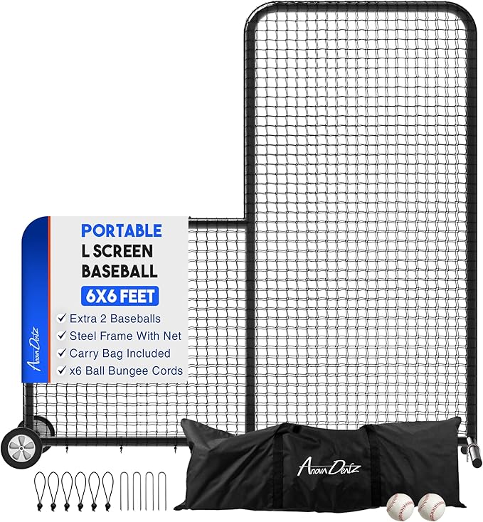 Yes4All Portable L-Screen Baseball 7x7ft with 2 Baseballs, Rubber Wheels - L Screen Baseball for Batting Cage, Protective Pitching Screen Net Double Layers, Carry Bag Included