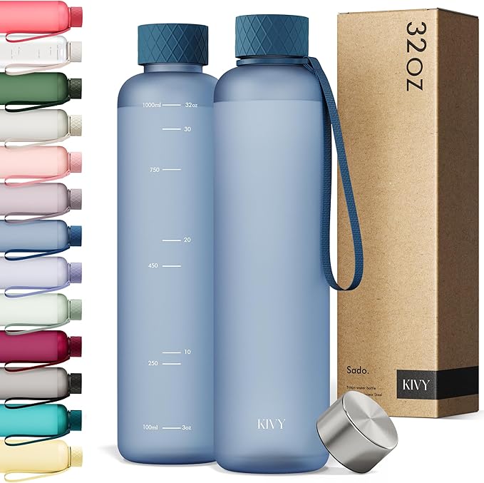 KIVY Slim Water Bottle 32oz [Lightweight & Shatterproof] Fits Backpack & Cupholder for Travel, Sports, School - Blue water bottle no straw - Cute aesthetic water bottles screw top - Dishwasher Safe