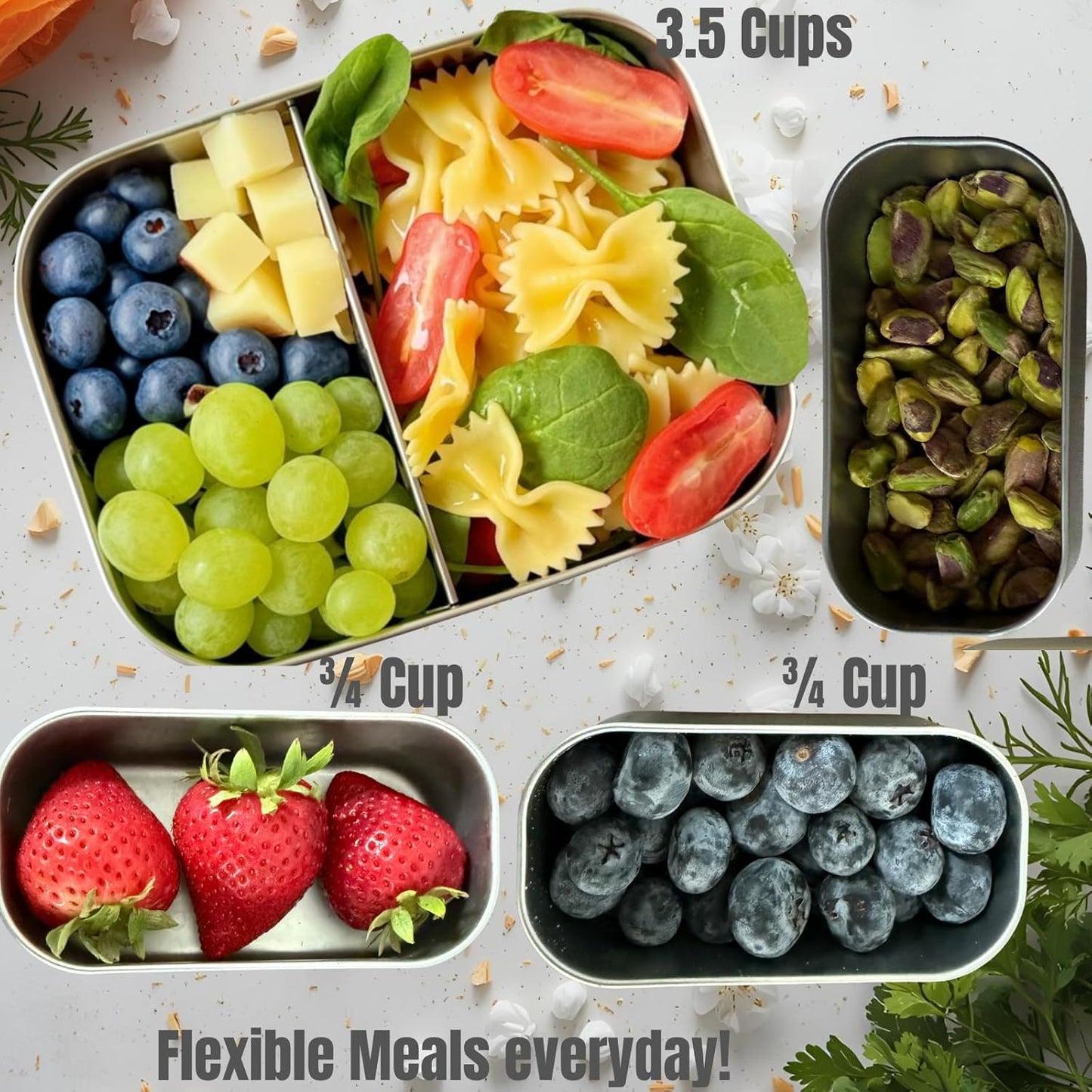 Flexibento - Leak proof Stainless Steel Lunch Box | Lunch Containers| Steel Bento Box |Sandwich Containers| Snack Containers |Metal lunch Box |Vanilla| 1 * 27 OZ+2 * 6.5 OZ|SIlicone lids