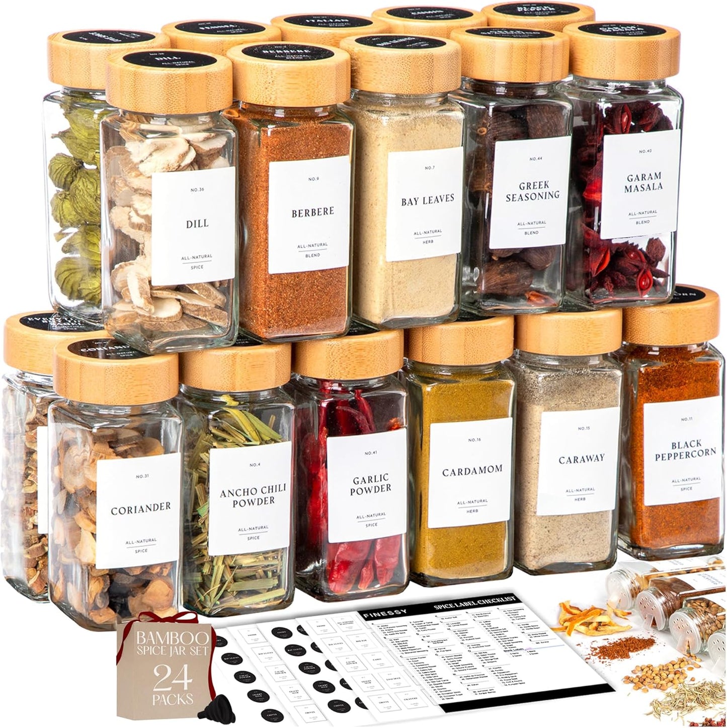 FINESSY Bamboo Glass Spice Jars with Labels and Shaker Lids Clear Empty 4oz 24 Pack Bottles Set, Glass Spice Containers with Labels, Seasoning Organizer Jars
