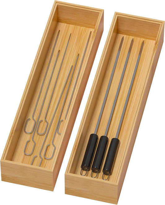 Bamboo Drawer Organizer, Narrow Stackable Cutlery Tray for Kitchen, 2 Pcs Silverware & Utensil Box, 12" x 3" x 2" (Outer), 11.3" x 2.3" x 1.77" (Inner)