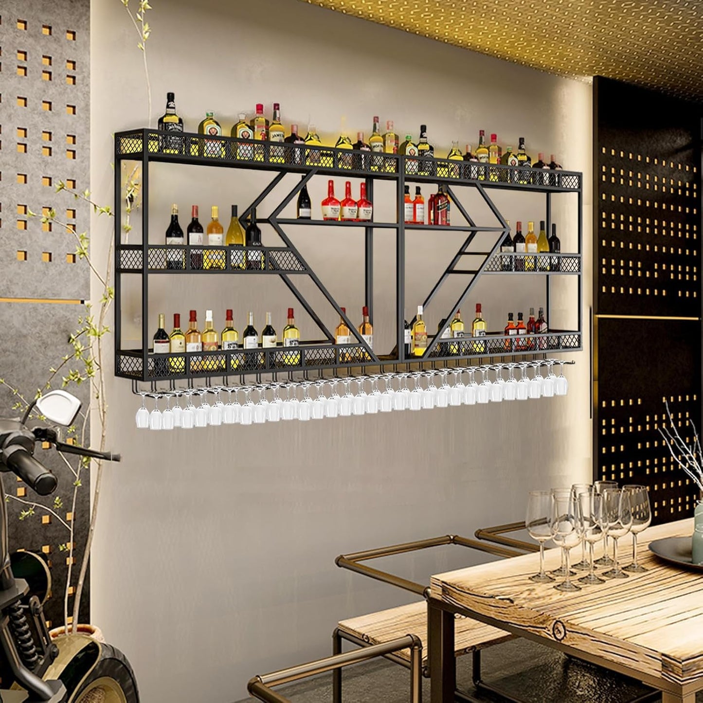 63in Metal Wine Rack Wall Mounted, Modern Wine Storage Rack Wall Mounted with Wine Glass Holder, Liquor Shelf, Bar Shelves for Liquor Bottles (3TIERS Gold, 63 * 7.87 * 33.85INCH)