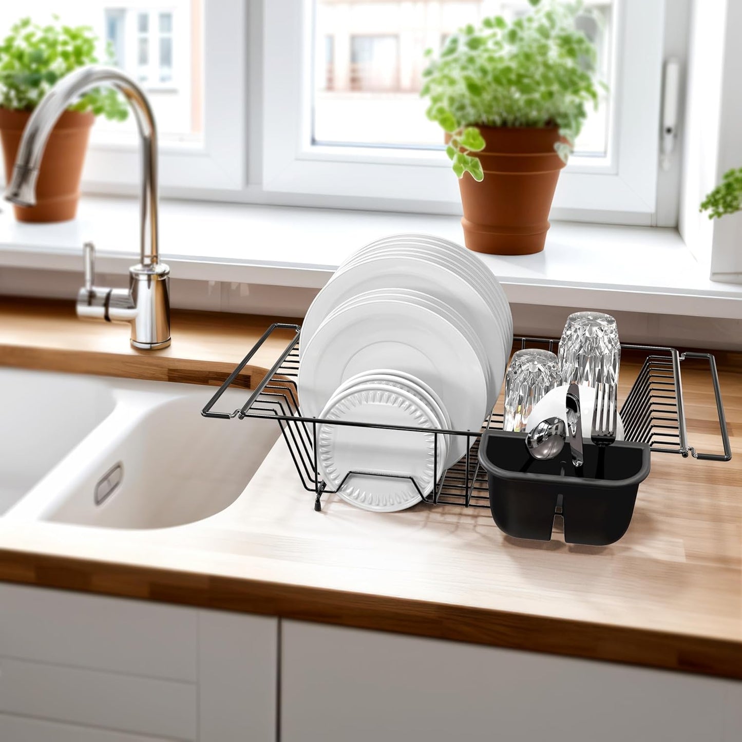 SIMPLE HOUSEWARE Large Over Sink Counter Top Stainless Steel Dish Drainer Drying Rack with Utensil Holder, Black