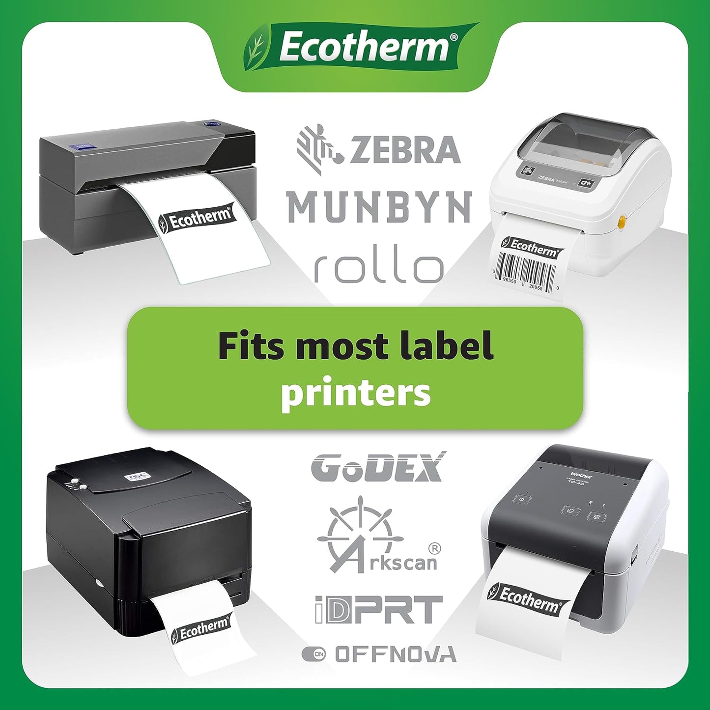 2.25" x 4" Thermal Labels | 6 Rolls | 4200 Labels | fits Zebra, Munbyn, Rollo, Godex, Arkscan, iDPRT, Offnova Thermal Label Printers and More | Blank White Adhesive Stickers by Ecotherm