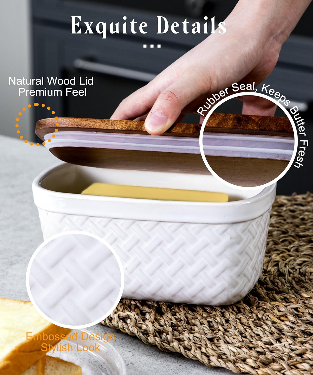 Nucookery Ceramic Butter Dish, Embossed Butter Keeper with Wood Lid for Countertop, Butter Holder and Container with Double Silicone Seal, Woven Pattern