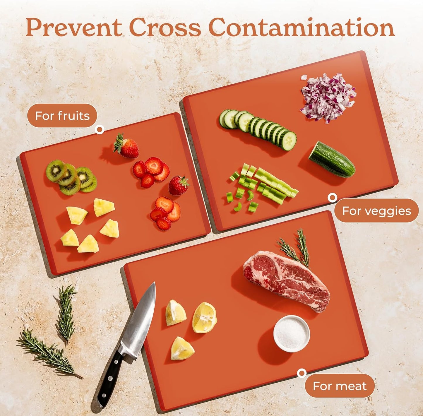 SMIRLY Plastic Cutting Board Set with Holder 3 Pieces, Non-Slip Dishwasher Safe Chopping Boards for Kitchen, Orange