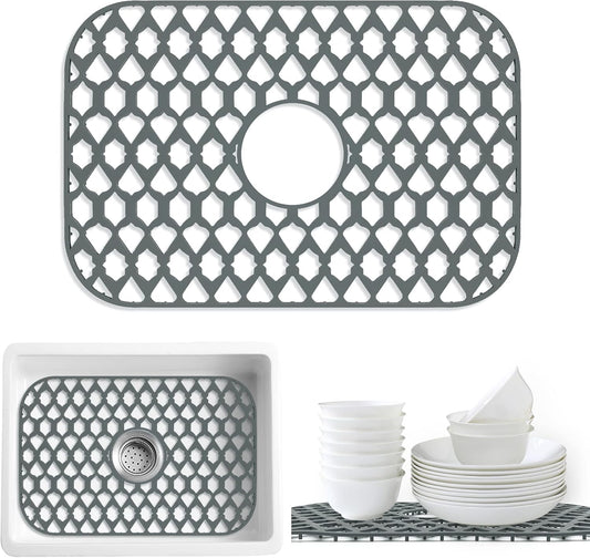 Sink Protectors for Kitchen Sink 13x11 &16x12 &19x14 &22x13 &24x13 &26x14 &28x14 &30x16, Large Silicone Sink Mats Grid for Bottom of Farmhouse Sink (19”x13”, Center Drain)