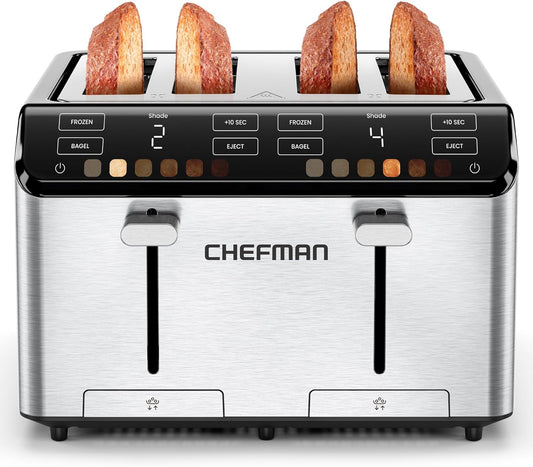 Chefman Smart Touch 4 Slice Digital Toaster, 6 Shade Settings, Touchscreen Bagel Toaster 4 Slice with Extra-Wide Slots, +10 Seconds, Defrost, Removable Crumb Tray – Stainless Steel