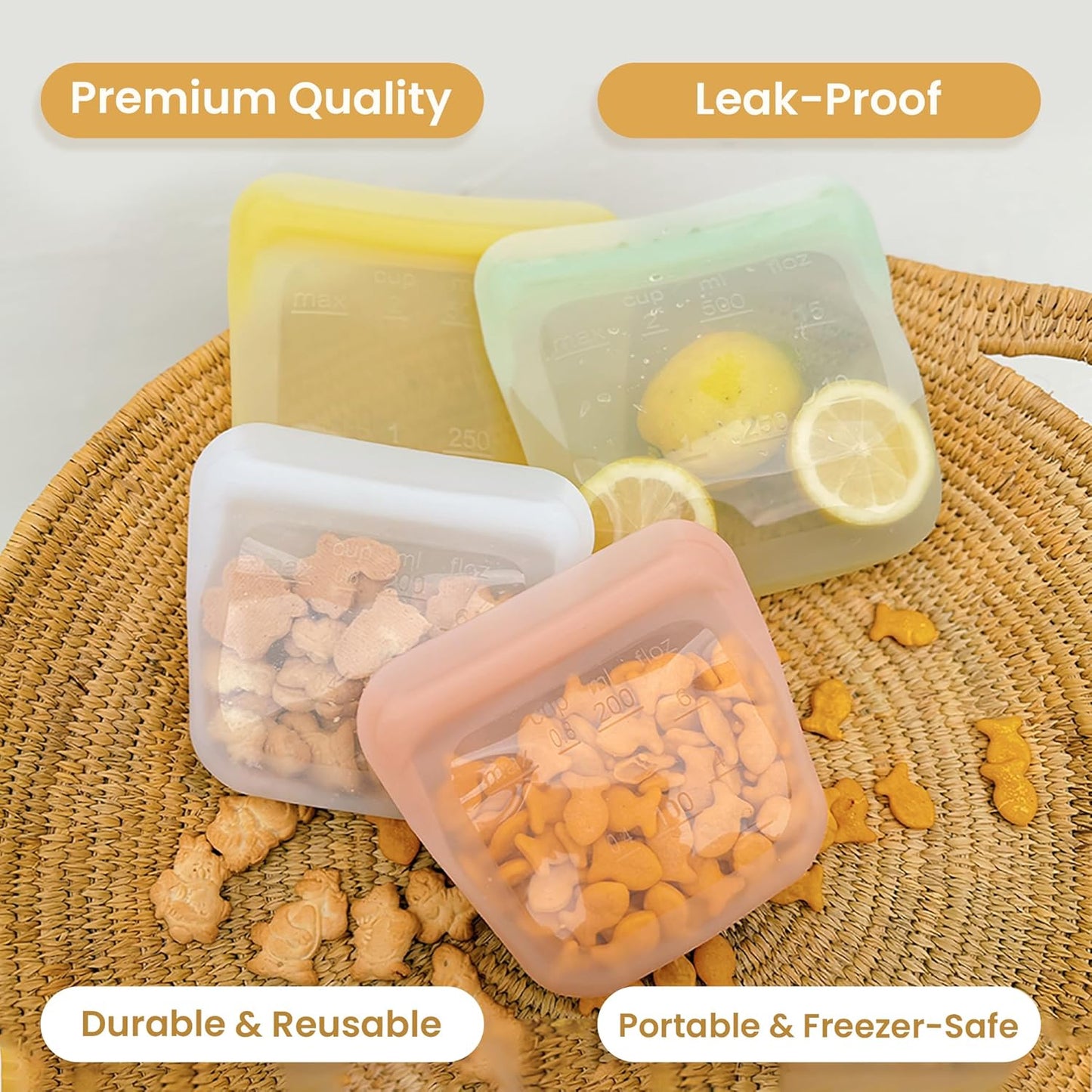 purifyou Set of 5 Reusable Silicone Storage Snack Bags 6oz / 16oz / 32oz / 64oz Self-Seal Food Storage Container for Fruits, Vegetables, Sandwiches, Dishwasher Safe & Leak-free (CloudPink, 6oz)