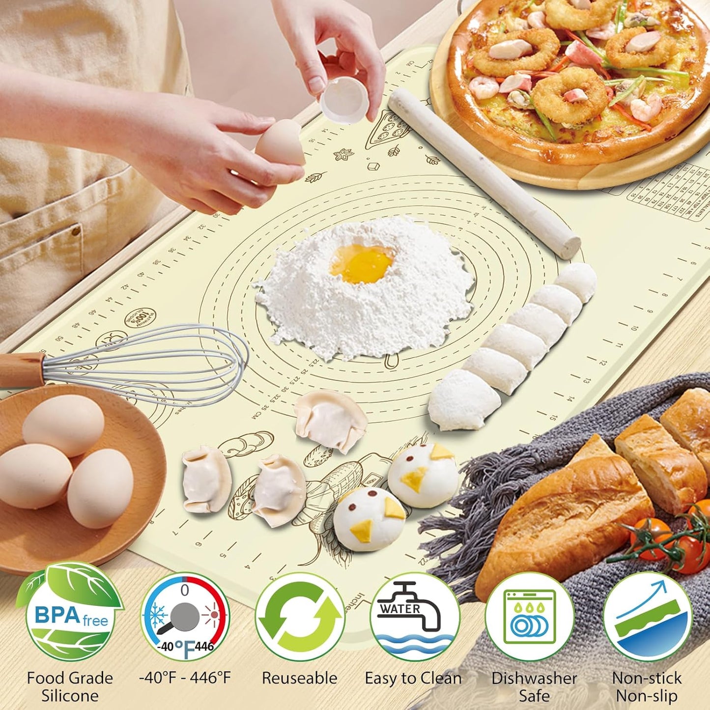 Silicone Baking Mat 28" x 20", Extra Thick Silicone Pastry Mat with Measurements and Edge Heightening, Non-stick Food Grade Dough Rolling Matfor for Pastry, Bread, Cookies, Pizza, Fondant, Pasta