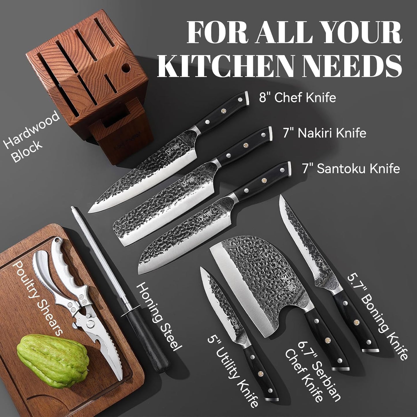 9 Pieces Knife Set with Block, Hand Forged High Carbon Steel Sharp Blade Cooking Knives Set with Holder for Kitchen, Block Chef Knife Set Professional, Best Gifts for Men Women