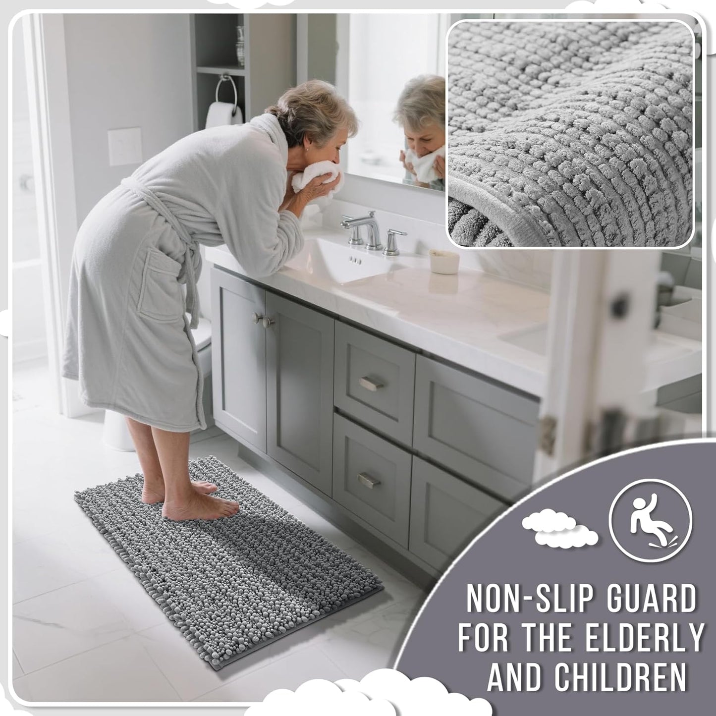 Yimobra Long Bathroom Rugs Non Slip Washable 44x24 Inch - Ultra Soft Absorbent Chenille Bath Mat, Quick Dry Shaggy Floor Carpet for Tub Shower, Gray Home Decor Accessories