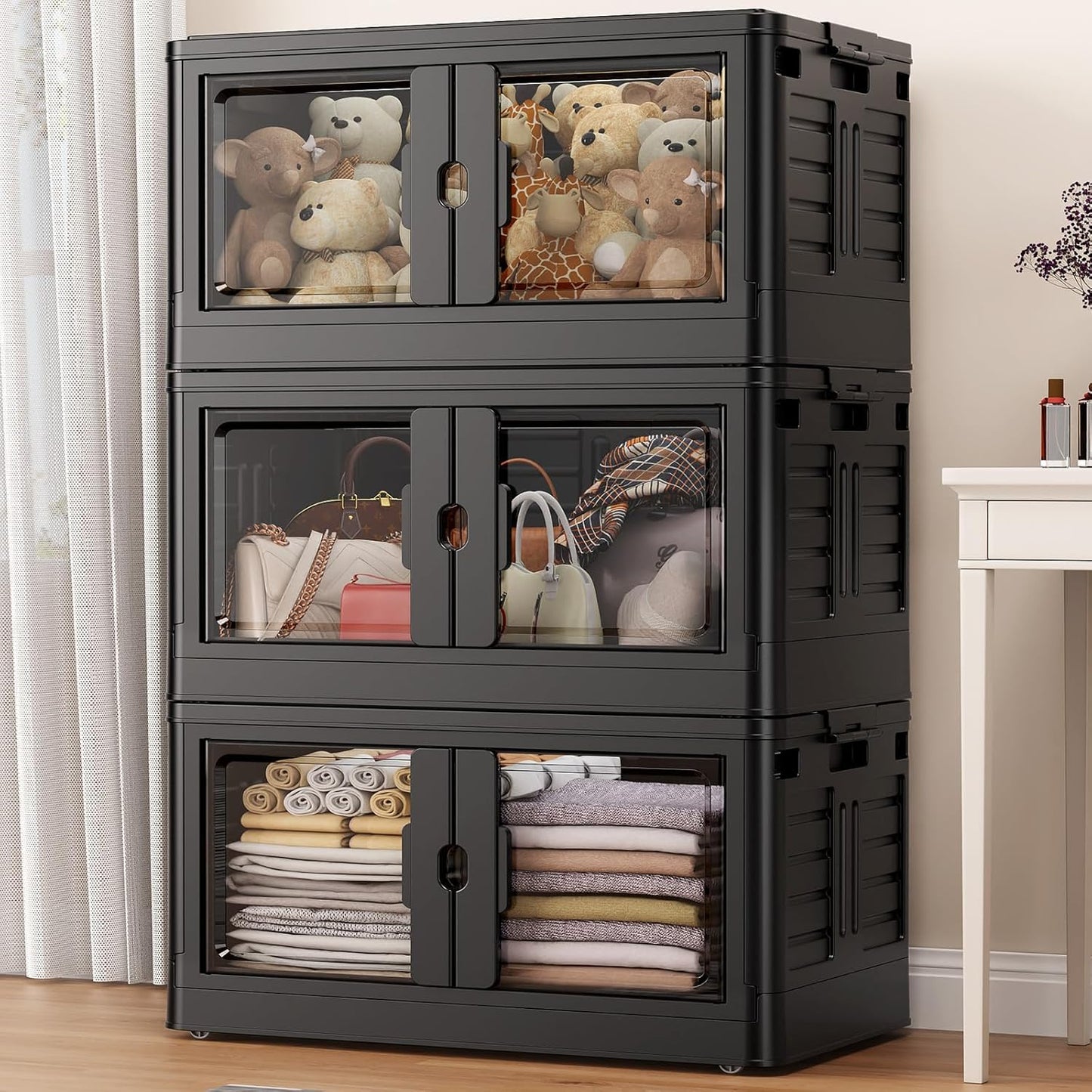 345Qt Stackable Storage Bins with Individual Lids & Wheels, Large Plastic Collapsible Latching Boxes Closet Organizers and Storage Cabinet Shelves Units for Home Kitchen Dorm, 3-Pack Black