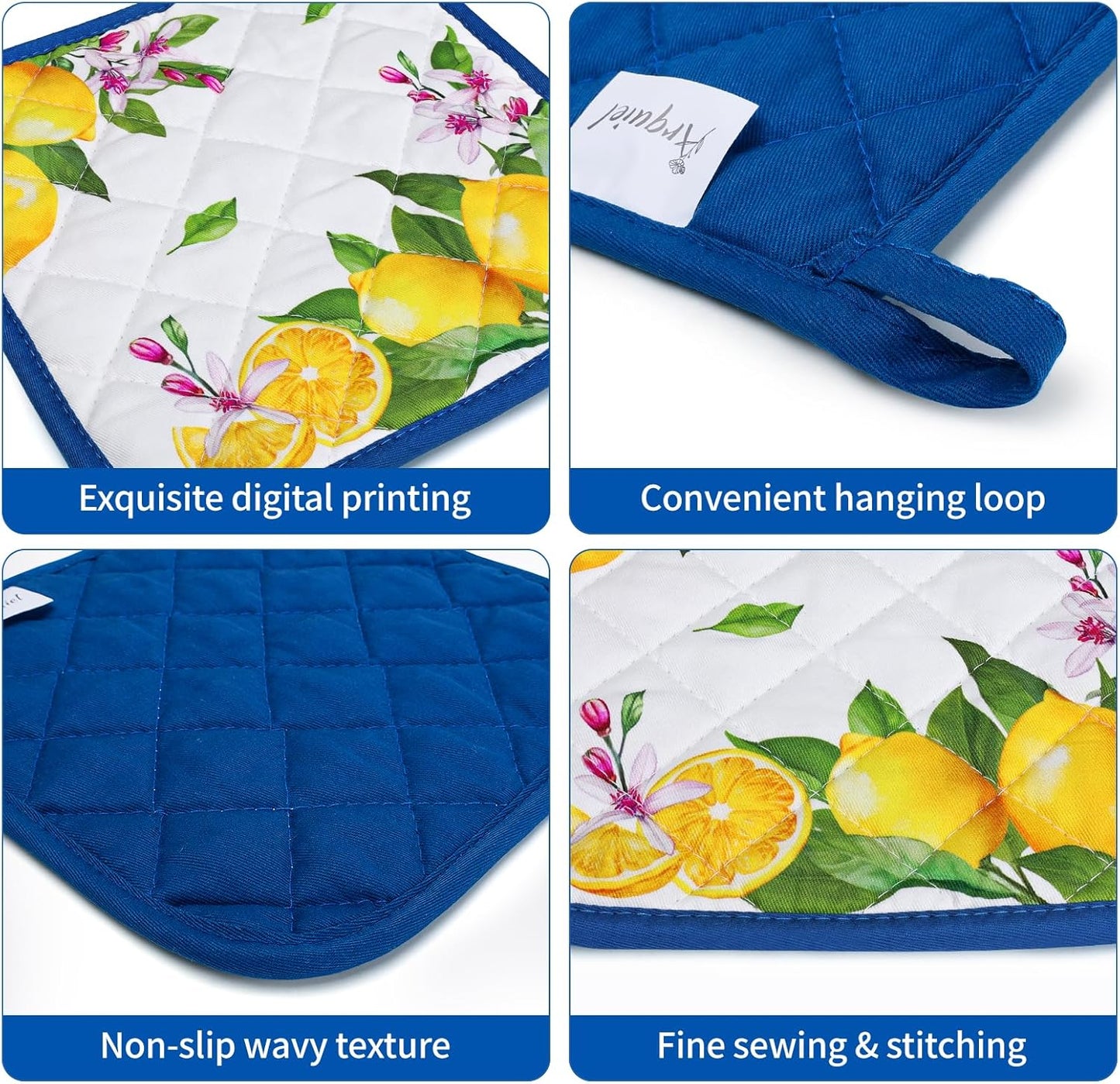 Summer Lemon Oven Mitts and Pot Holders Sets 2Pcs, 100% Cotton Heat Resistant, Extra Long Oven Gloves Potholder for Kitchen Cooking Baking Decoration