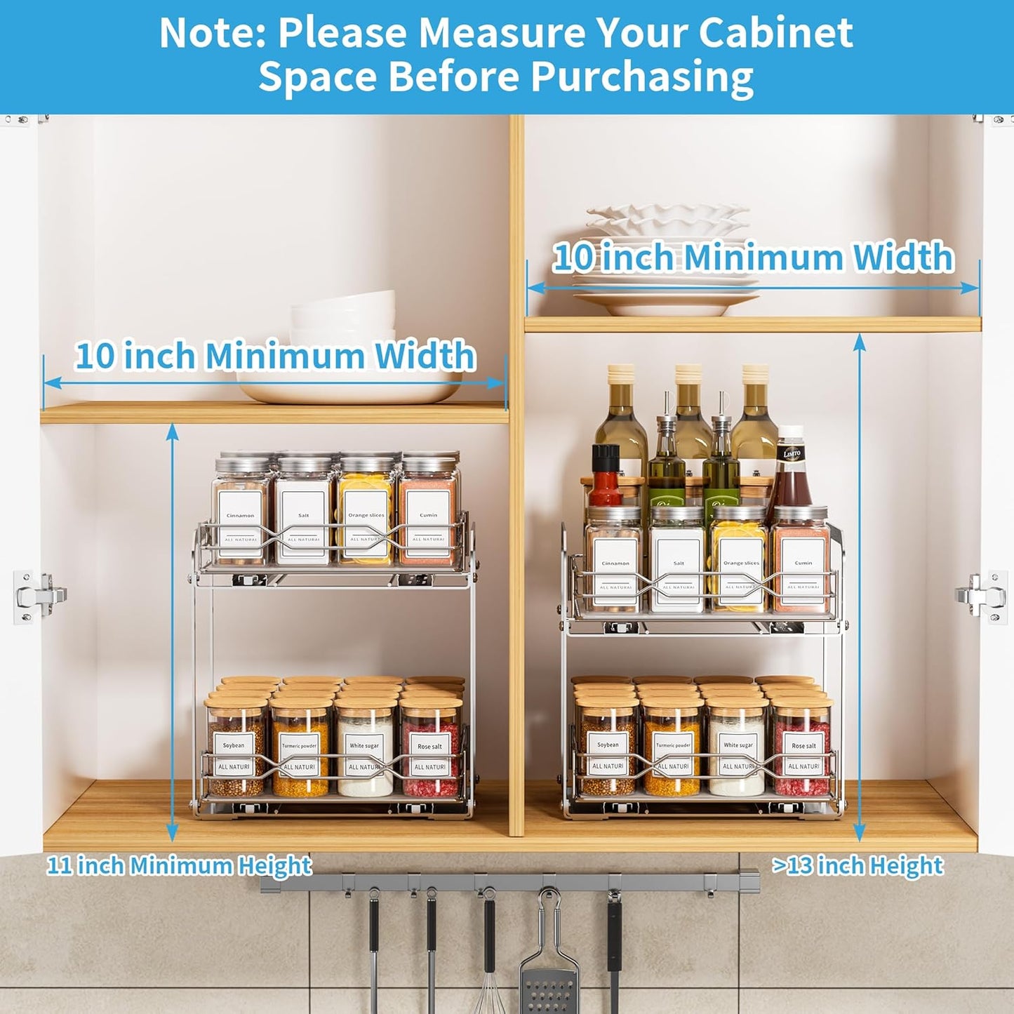 Pull Out Spice Rack, 2 Tier Spice Organization for Cabinet, Heavy Duty Spice Rack, 9-1/4 inch Wide - Spice Racks for Inside Cabinets, Kitchen, Pantry - Chrome, 9.25”W x 10.39”D x 9.76”H