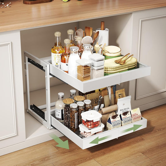 2 Tier Pull Out Cabinet Organizer ,Adjustable Width & Height,Expandable Pull-Out Drawers For Cabinets, Slide Out Shelves for Kitchen Cabinets / Countertop / Pantry,Heavy-Duty & Easy to Install(White)