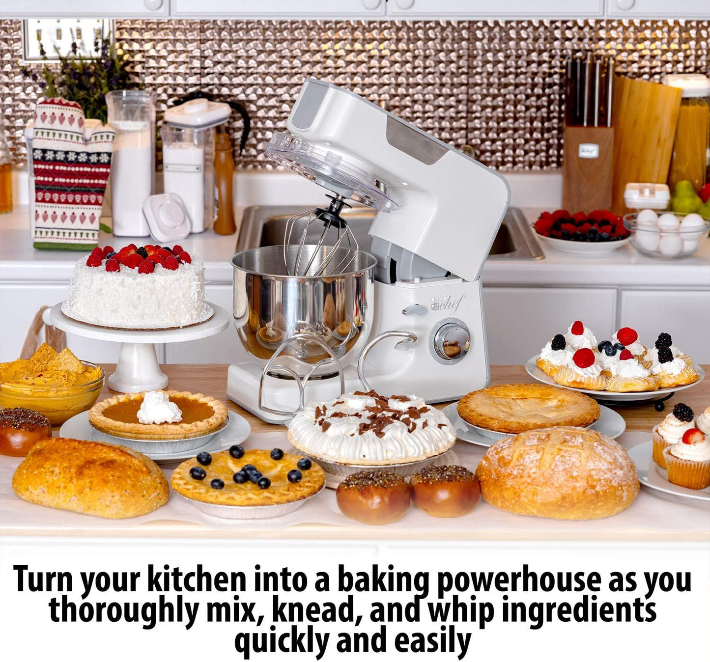 Deco Chef 5.5 QT Kitchen Stand Mixer, 550W 8-Speed Motor with Pulse Functionality, includes Dough Hook, Flat Beater, Wire Whip, Stainless Steel Mixing Bowl, and Transparent Splash Guard