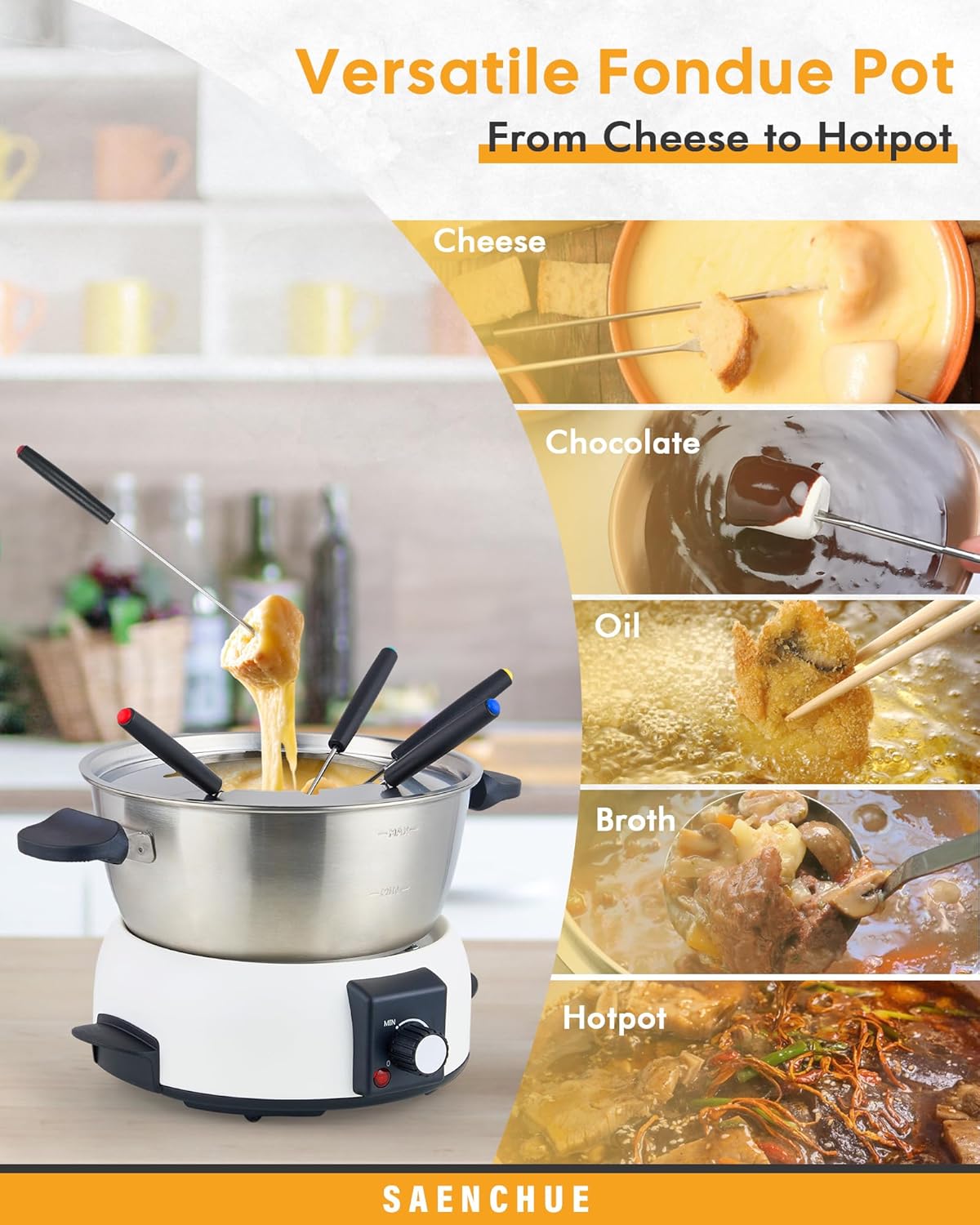 Electric Fondue Pot Set for Cheese & Chocolate - 6-Cup Stainless Steel Fondue Pot with 8 Coded Forks - 3 Mode Fondue Set Adjustable Temperature Control for Cheese, Oil and Hotpot, FD-10