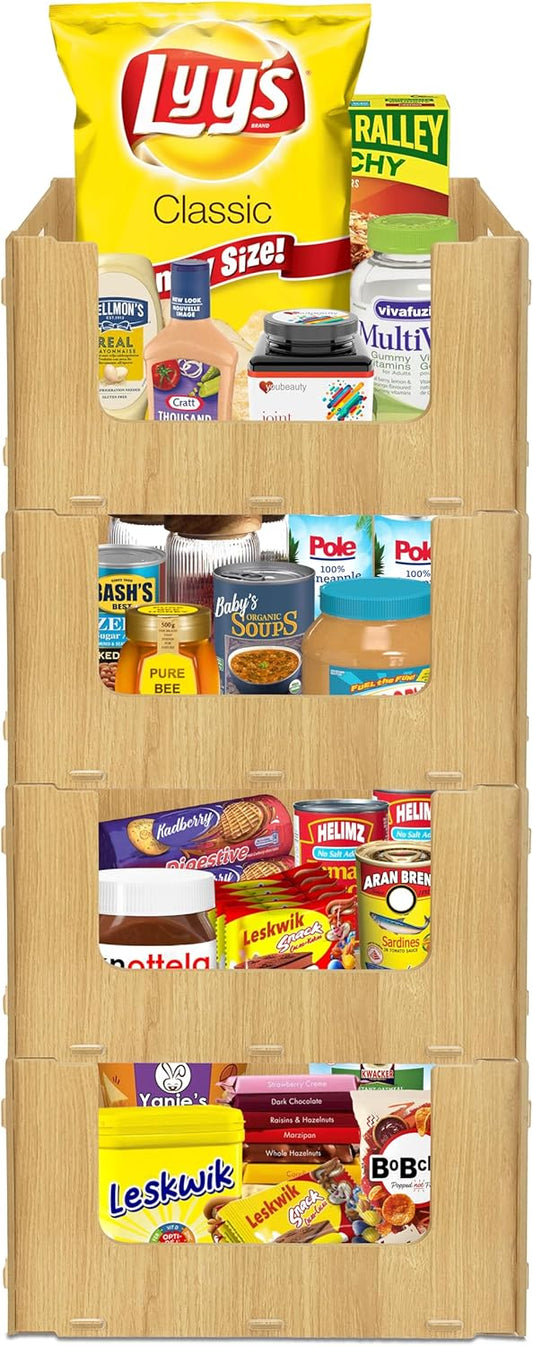 Skywin TidyFriend Stackable Storage Bins for Pantry, 4 Pack Stackable Bins For Organizing Food, Kitchen, and Bathroom Essentials (Wood)