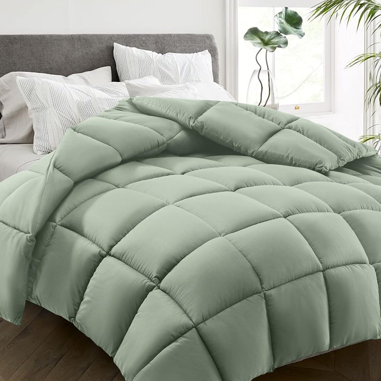 HYLEORY All Season Full Size Bed Comforter - Cooling Down Alternative Quilted Duvet Insert with Corner Tabs - Winter Warm - Machine Washable - Sage Green