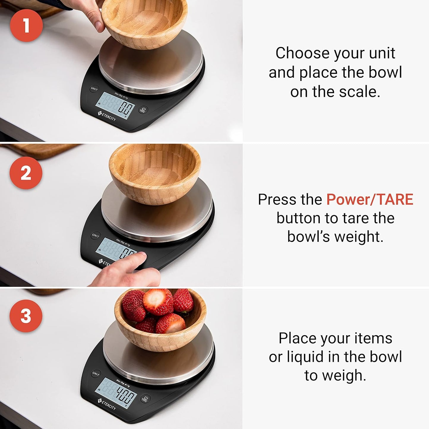 Etekcity 0.1g Food Scale, Bowl, Digital Grams and Ounces for Weight Loss, Dieting, Baking, Cooking, and Meal Prep, 11lb/5kg, Stainless Steel Black