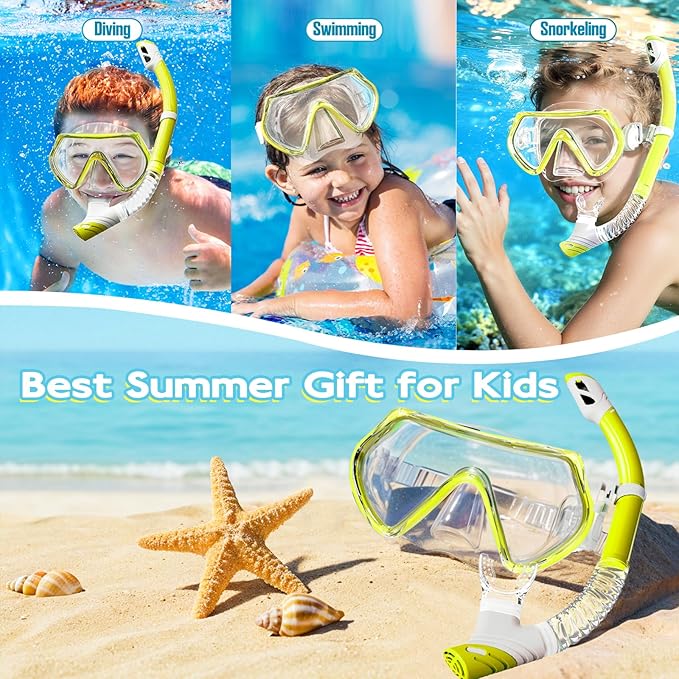 Snorkeling Gear for Kids, Kids Snorkel Set for Ages 3-14, Anti-Fog Diving Mask and Dry Top Snorkel Combo Set, Unisex Swimming Goggles