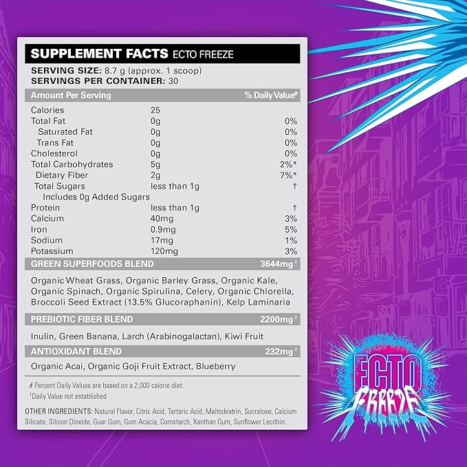EHP Labs x Ghostbusters OxyGreens Super Greens Powder - Spirulina & Chlorella Superfood, Green Juice Powder with Prebiotic Fibre, Antioxidants & Immunity Support, 30 Serves (Ecto Freeze)