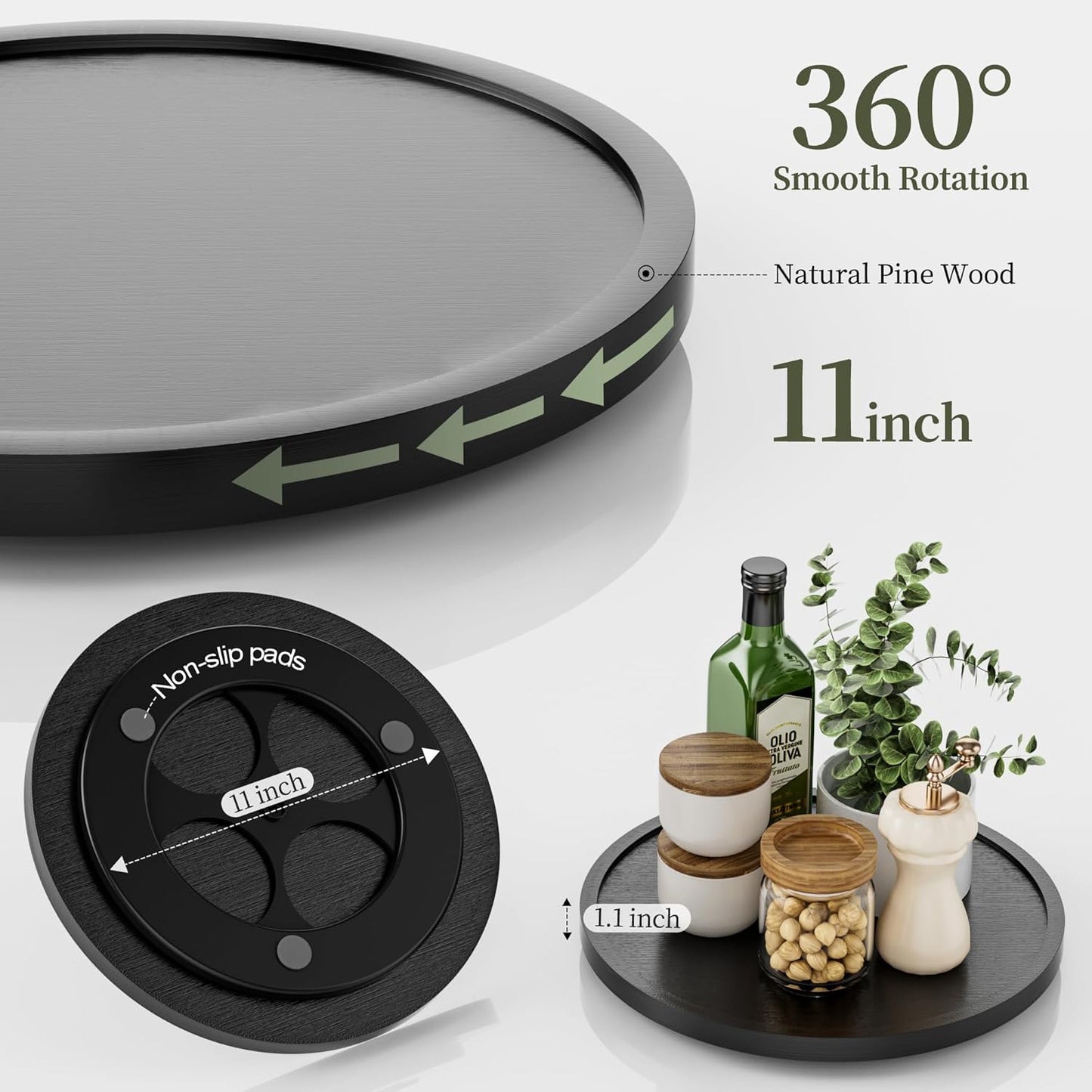 LAMU 11'' Wood Lazy Susan Organizer Turntable for Cabinet, Lazy Susan for Table Top, Pantry, Kitchen, Bathroom, Countertop, Rotating Spice Organizer, Vanity Decor Tray, Pine Wood, Black