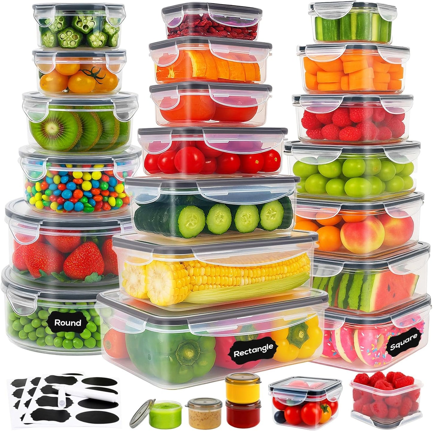 50 PCS Thicker Food Storage Containers with Lids, Clear Stackable Airtight Leakproof Reusable Plastic Meal Prep Container Set for Kitchen Storage/Lunch, Fridge/Microwave Safe with Labels&Pen