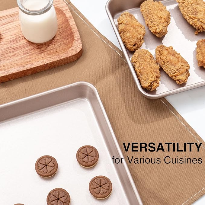 HONGBAKE Toaster Oven Pan Nonstick Set of 2, Premium 1/8 Sheet Pan for Baking, Small Cookie Sheet Tray, Dishwasher Safe and Heavy Duty - Rose Gold