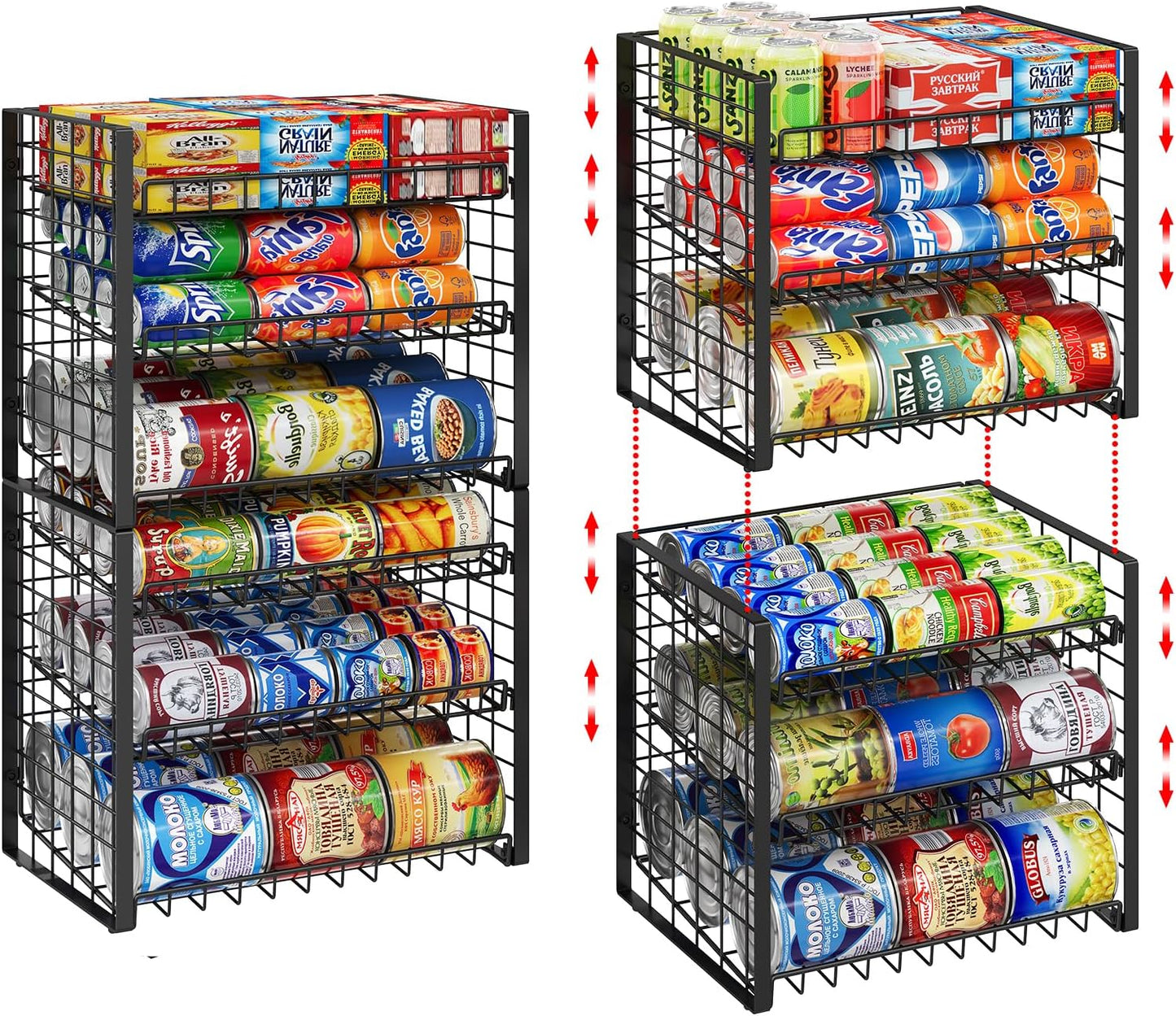3 Tier Stackable Can Rack Organizer for Pantry, Adjustable Can Holder for Various Ounce of Canned Food Soup Goods Soda Drink, Rolling Tiered Can Dispenser for Kitchen Cupboard Cabinet, 2 Pack