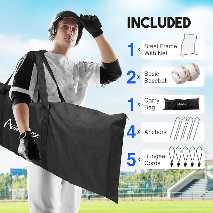 Yes4All Portable L-Screen Baseball 7x7ft with 2 Baseballs, Rubber Wheels - L Screen Baseball for Batting Cage, Protective Pitching Screen Net Double Layers, Carry Bag Included