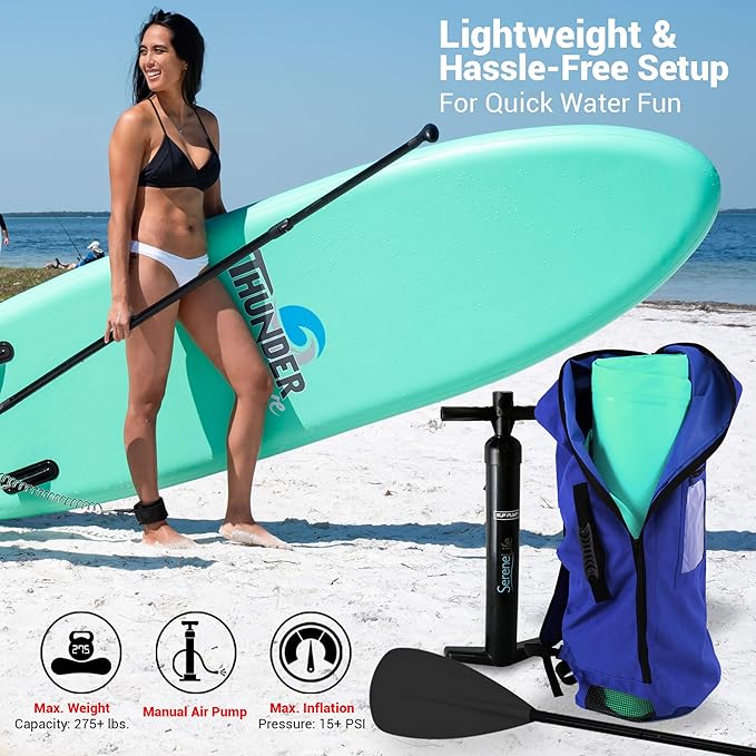 SereneLife Inflatable Stand Up Paddle Board with Premium SUP Accessories – Wide Stable Design with Non-Slip EVA Deck Pad for Adults and Youth of All Skill Levels