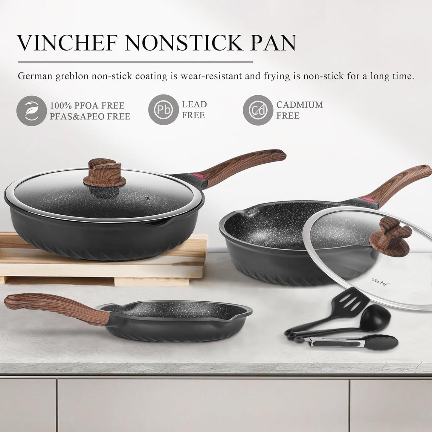 Vinchef Pots and Pans Set, 12pcs Nonstick Induction Kitchen Cookware Sets with Stay-Cool Handles, Frying Pans and Saute Pan with Lid, Silicone Cooking Utensil Sets and Pot Protectors, PFAS, PFOA Free