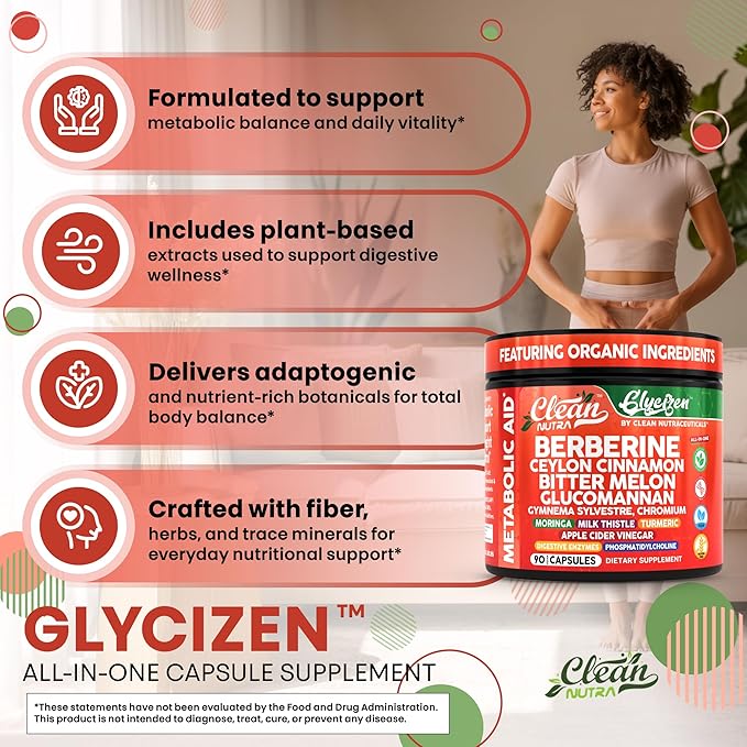 Clean Nutra Berberine Ceylon Cinnamon Bitter Melon Glucomannan Gymnema Sylvestre Chromium Moringa Milk Thistle Turmeric Apple Cider Vinegar Digestive Enzymes Inositol Supplement 90 Capsules