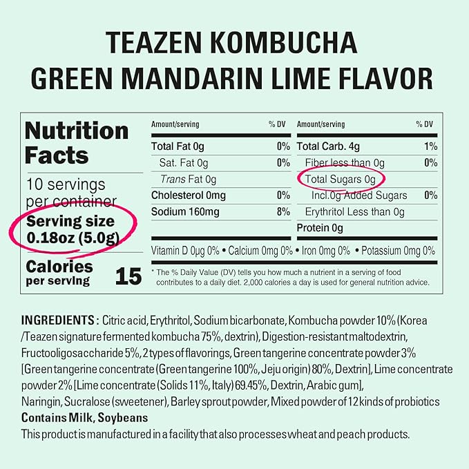 TEAZEN Green Mandarin Lime Kombucha Tea, Hydration Drink Mix, Sugar Free, Live Probiotics & Prebiotics, 10 Sticks, 1.76oz