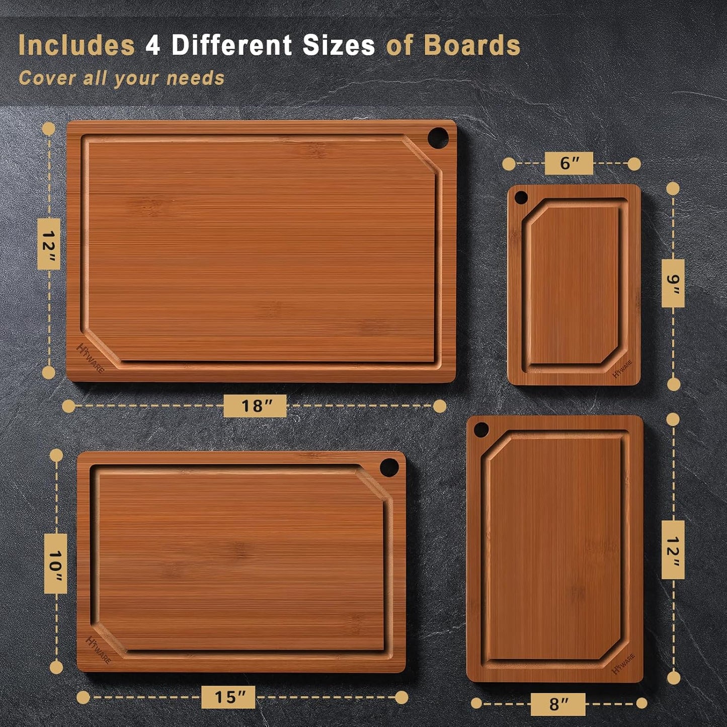 Hiware 4 Pieces Extra Large Wooden Cutting Boards Set- Bamboo Cutting Boards for Kitchen Meal Prep & Serving, Cutting Board with Deep Juice Groove & Built-in Handles, Charcuterie & Chopping Board