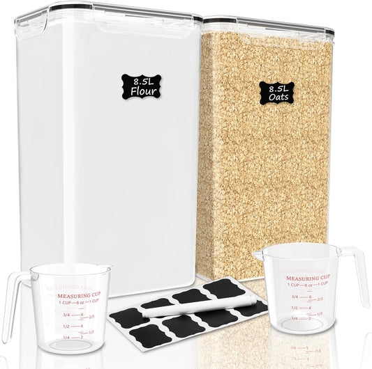 2 PC Flour Sugar Storage Containers (8.5L | 287 Oz) Extra Large Food Storage Containers with Lids - Airtight Leakproof BPA FREE Flour Container for Rice, Cereal, Sugar